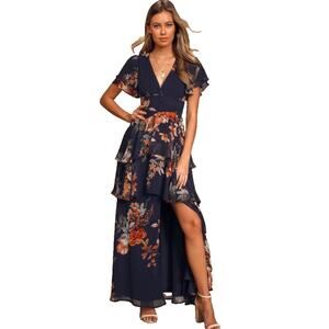 Lulus Maxi Dress Women’s Medium Midnight Mood Navy Blue Floral Print Tiered